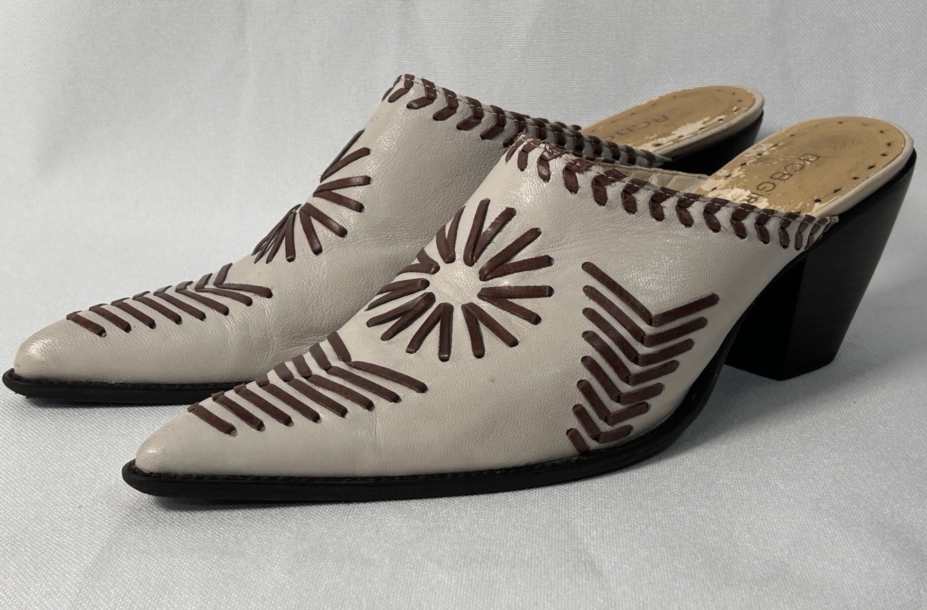 BCBG Mules / Leather Upper Man Made Lining/ Beige/ Brown Design- 8.5B