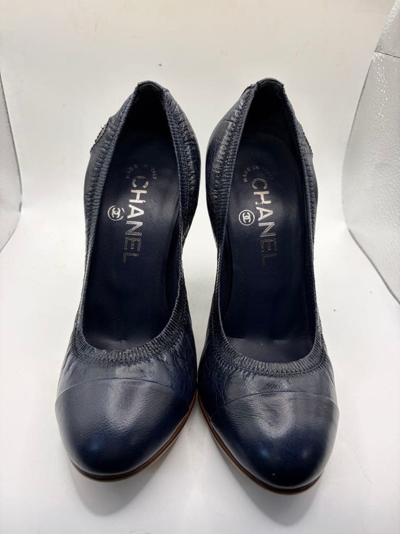 CHANEL Leather Pumps Navy 22.5cm G26185 Classic Coco Mark Design