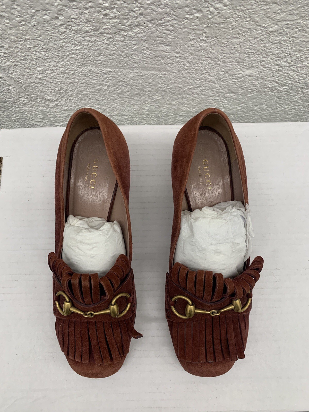 Authentic Gucci Beige Marmont Suede Brown Loafer Heels Pumps 38 EU 8 US BB20
