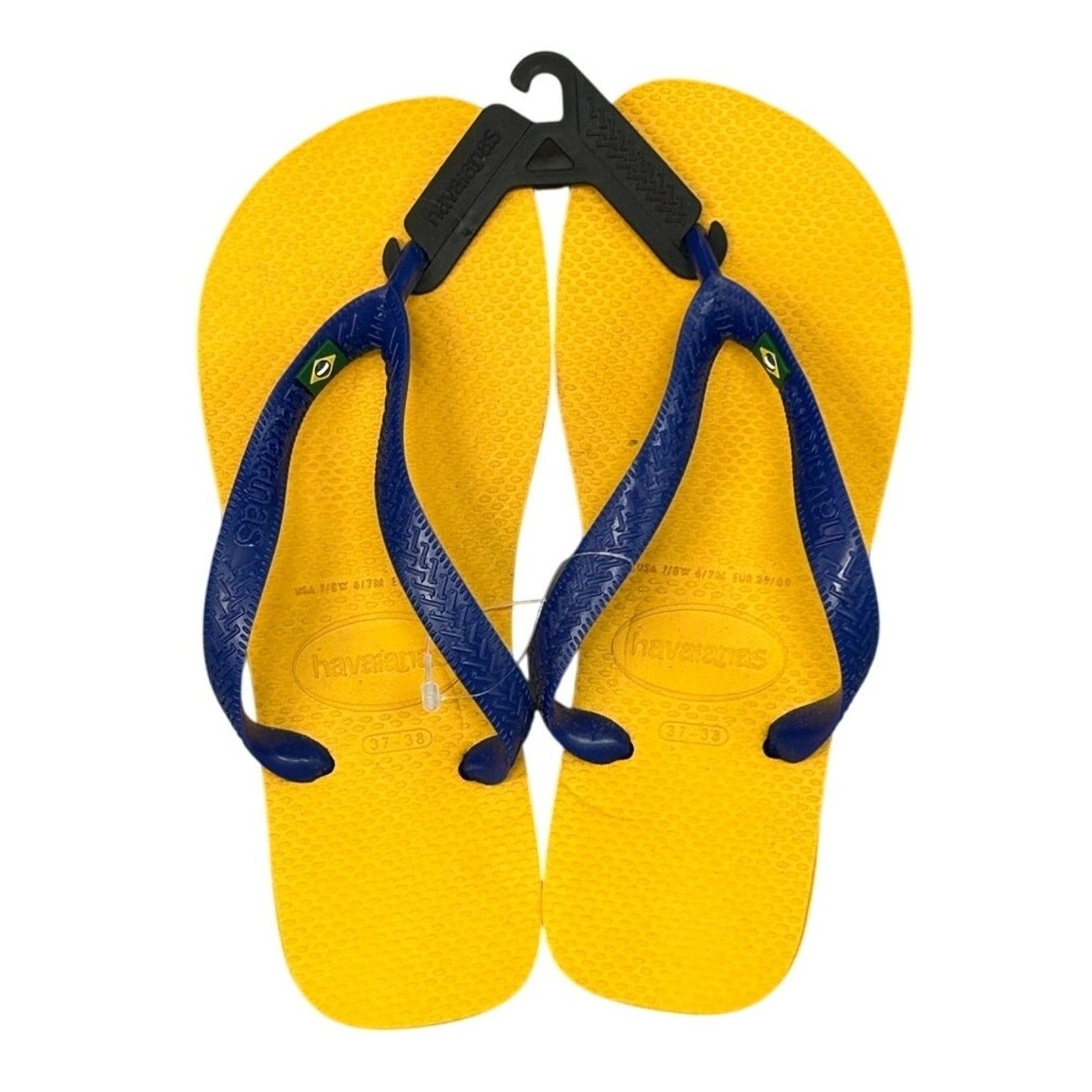 Havaianas Flip Flops Sz 7/8W Blue Top Brazil Flag Amarelo Banana Durable Slip-On