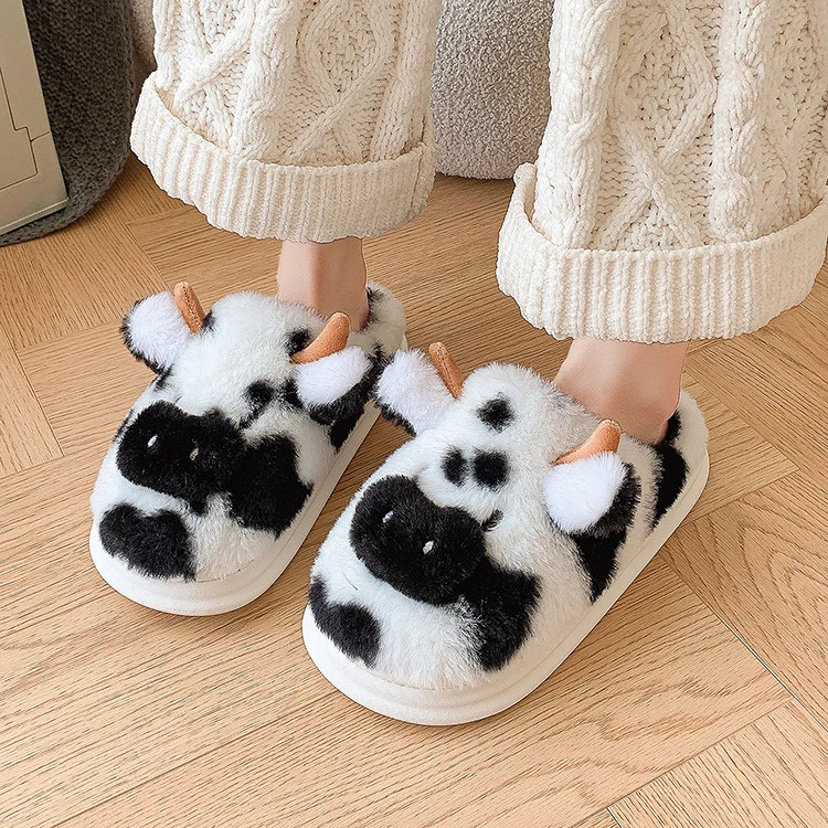 Fluffy Women’s Slippers Home Cartoon Cow Designer Winter Shoes Girls Flat Trend