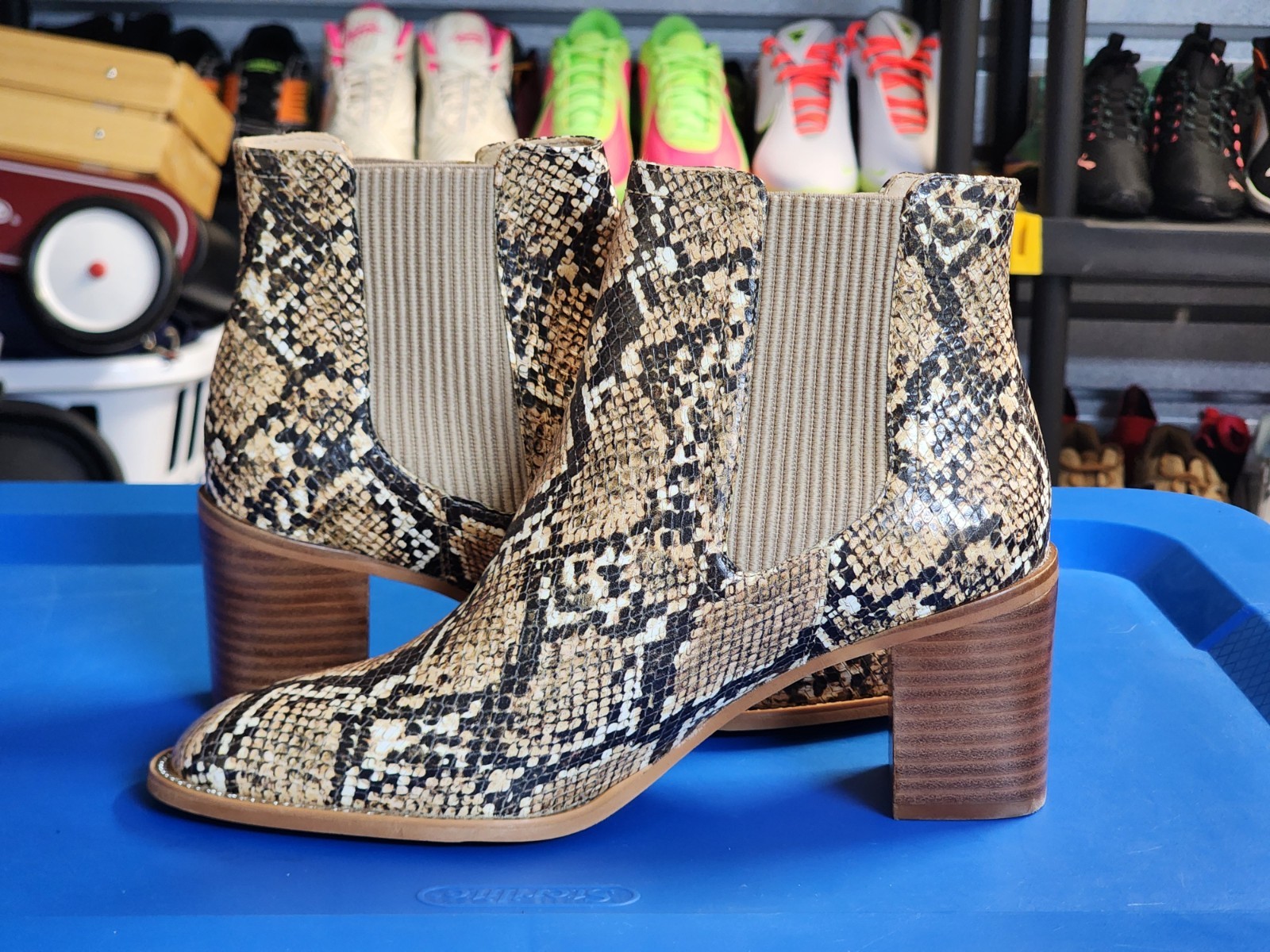 Vince Camuto Jentilliy Snake Print Leather Chelsea Ankle Boots Beige Black 8.5M
