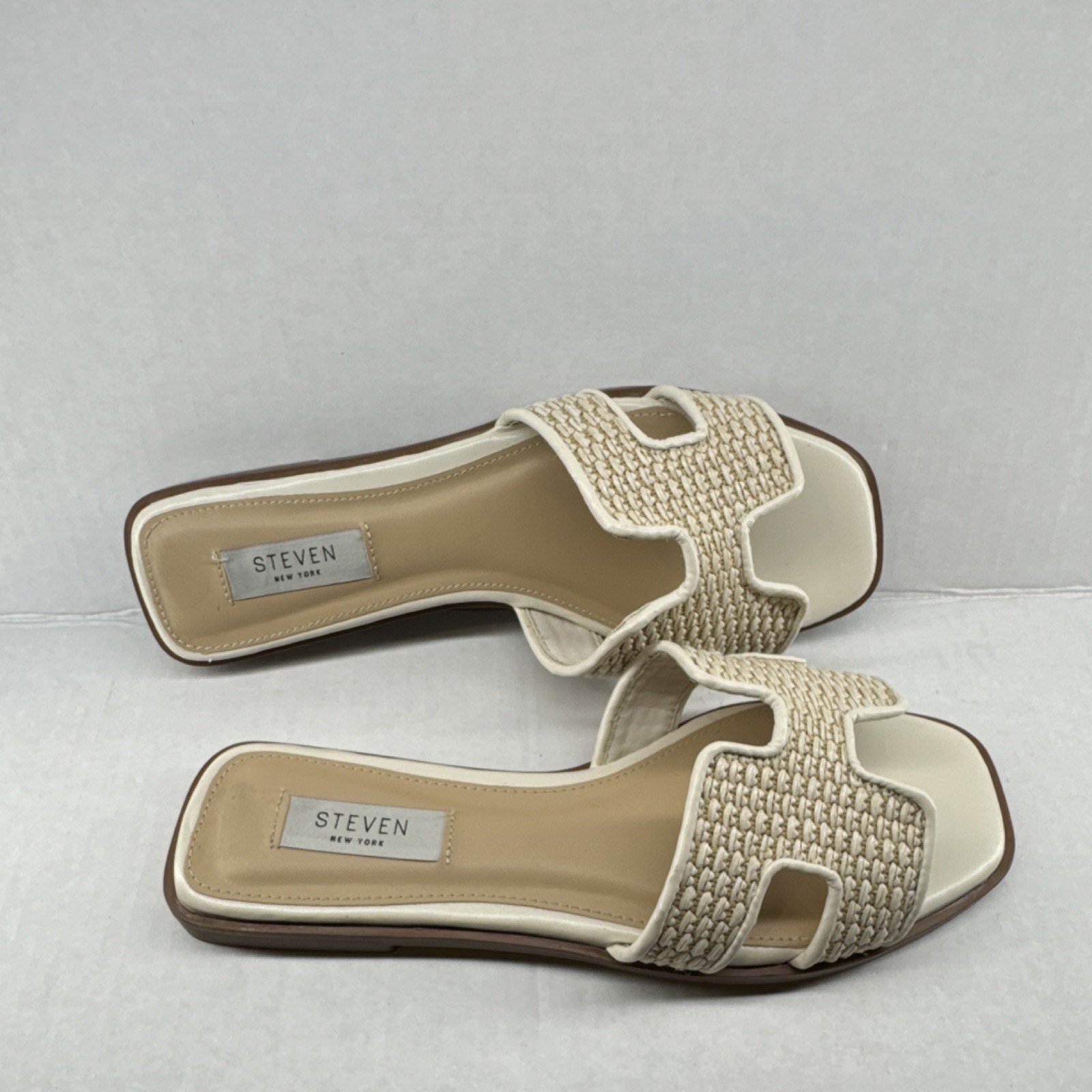 Steven New York Slide Sandals Woven Beige White Textile Women’s US 8