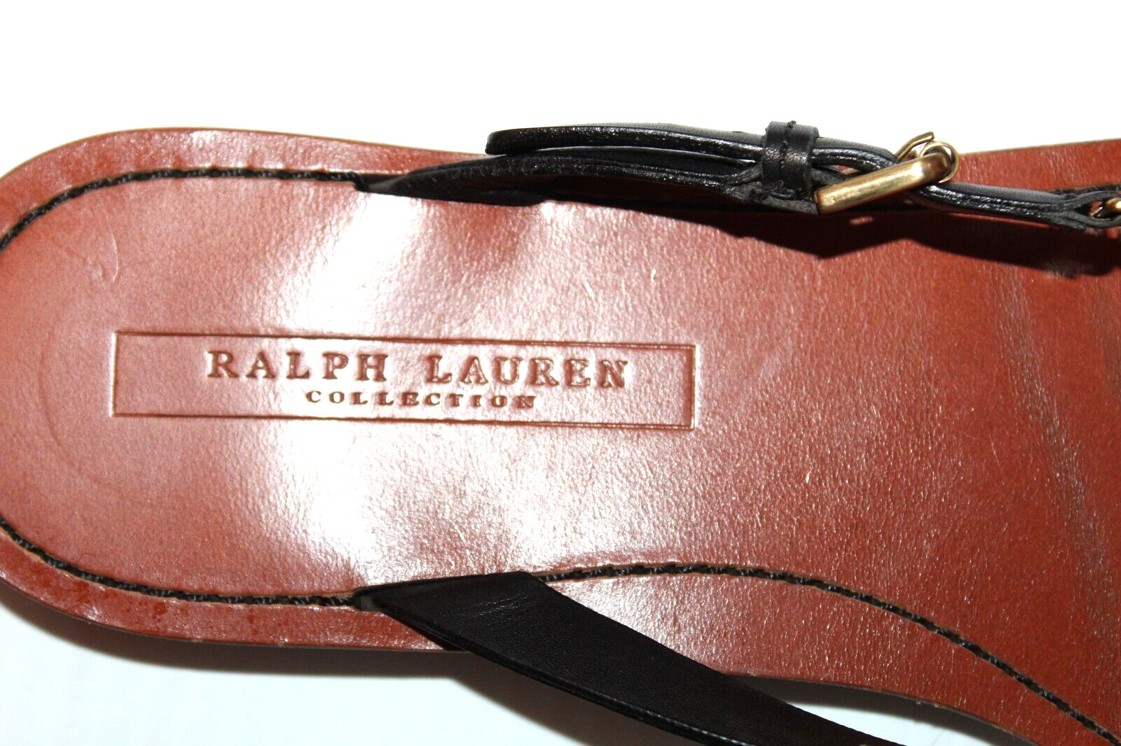 Ralph Lauren Collection Black Leather Thong Sandals Gold Stirrup Size 6.5B