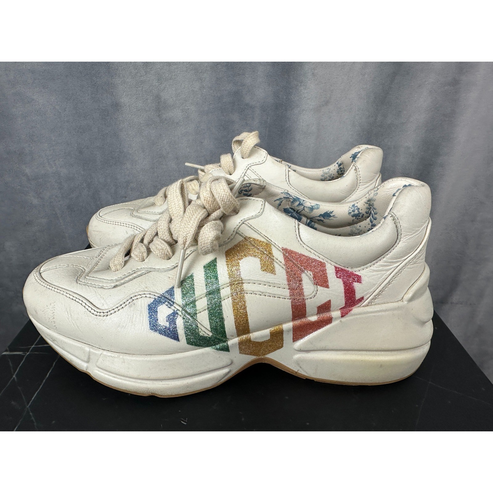 Gucci Sneakers Rhyton Ivory Rainbow Glitter Logo Size 35 Used Chunky Designer
