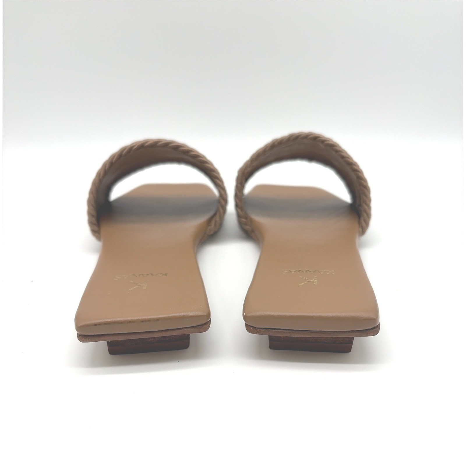 KAANAS Finn Caramel Linen Rope Trim Square Toe Flat Slide Sandals Size 7 NIB