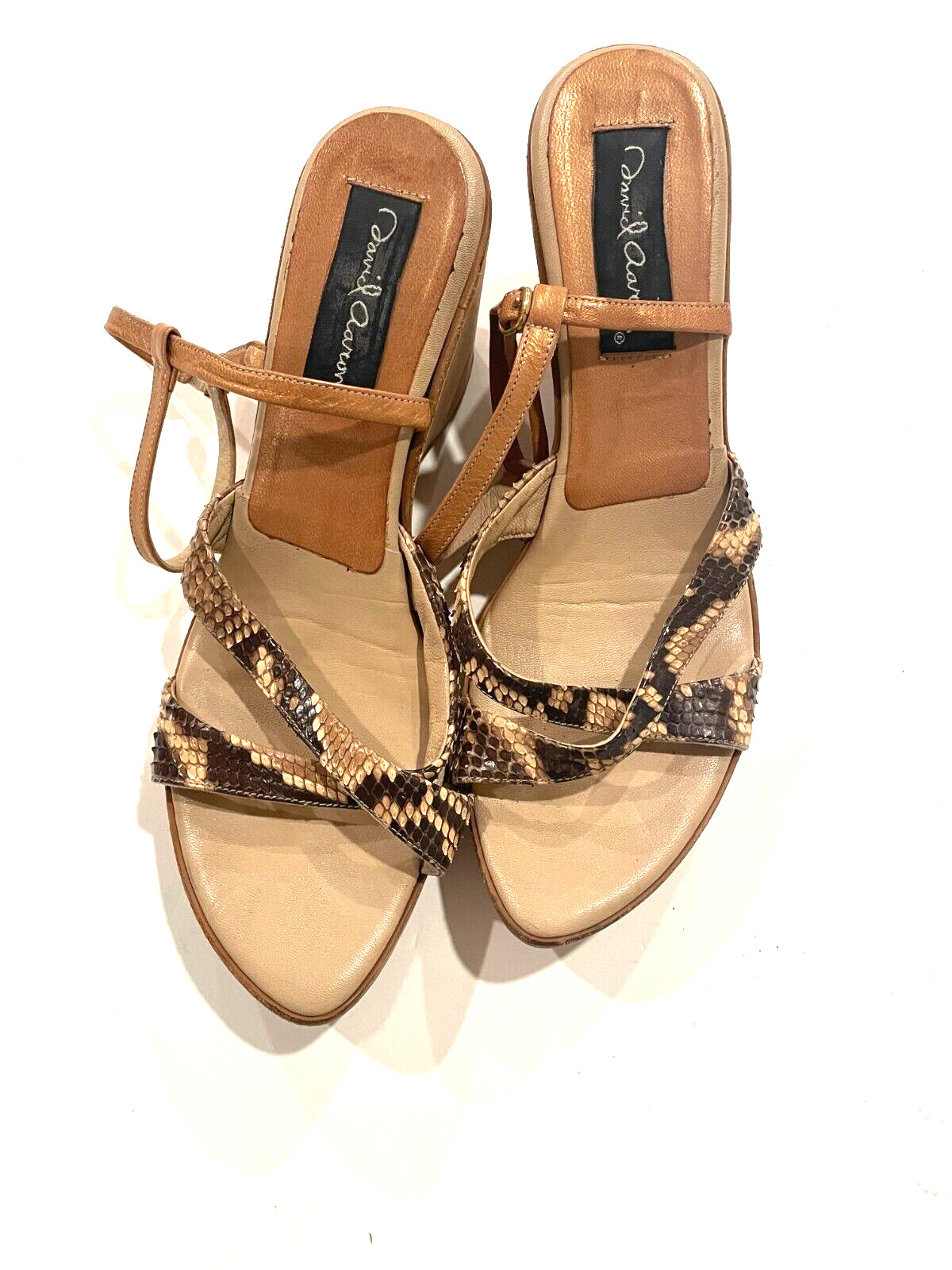 David Aaron brown beige wooden clog heel platform wedge 37 US 6.5 7
