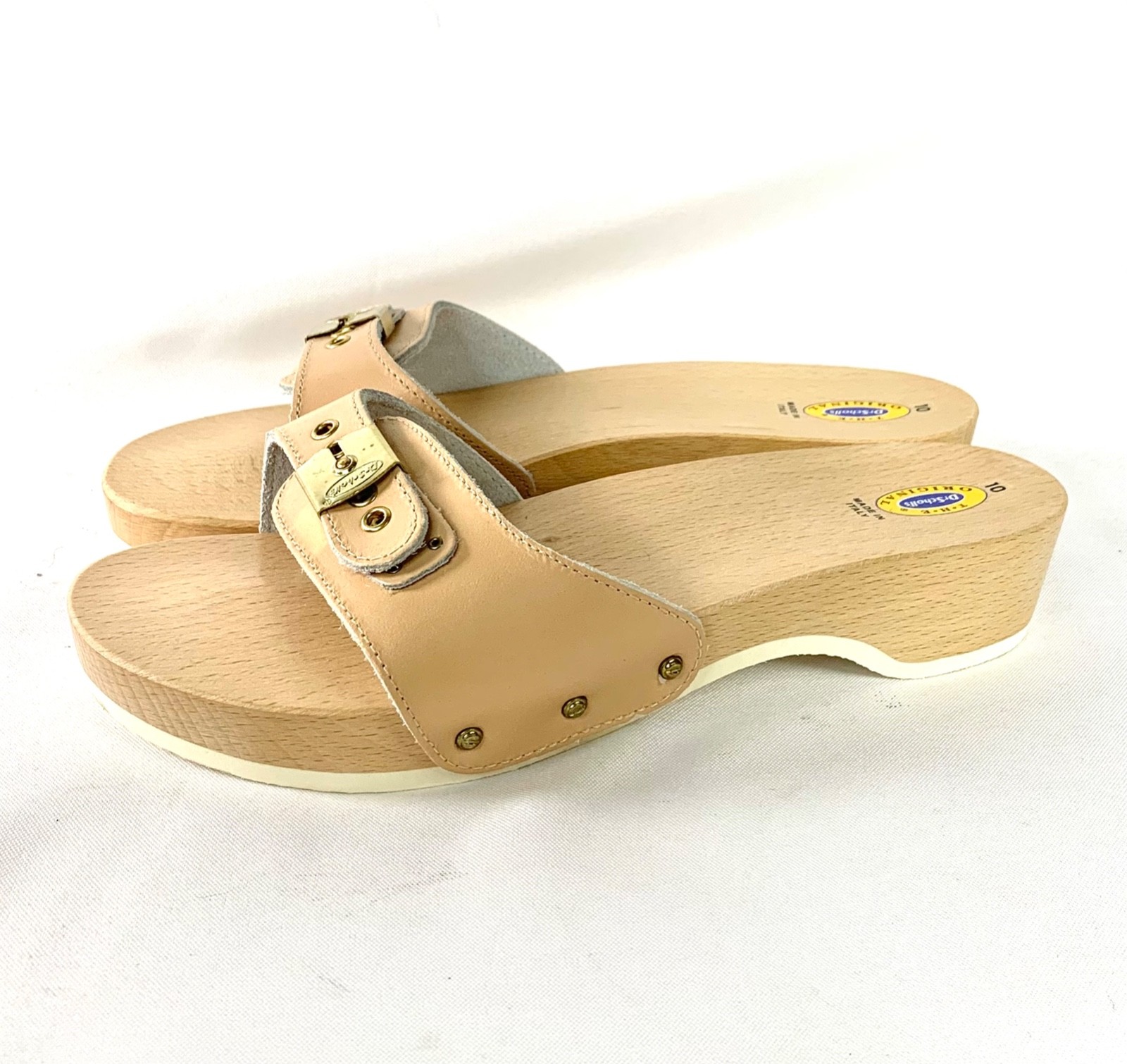 Dr. Scholls ‘The Original’ Sandal Leather Wood Slide Made i Italy SZ 10 Tan NWOT