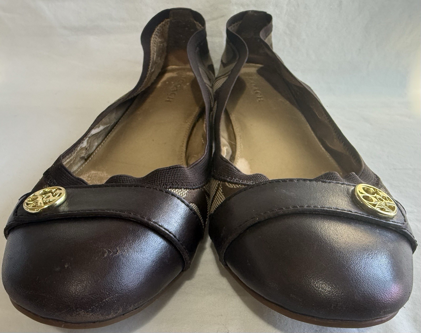 COACH Chelsey Ballet Flats Brown Signature Canvas Leather Cap Toe Women’s Sz 10