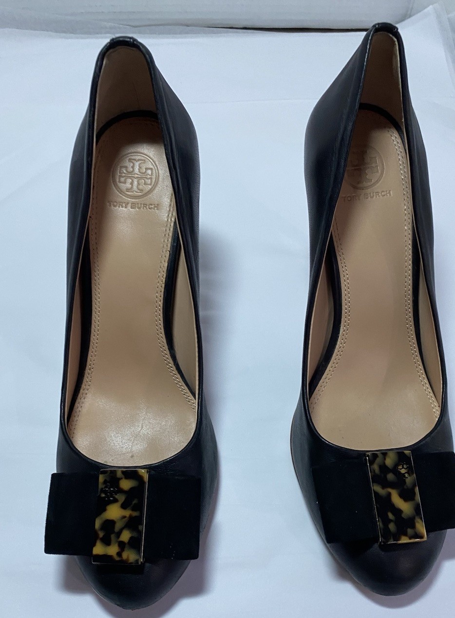 Tory Burch Black Chase100 Pump Napa Leather Heels Sz 10.5 M Kid suede bow