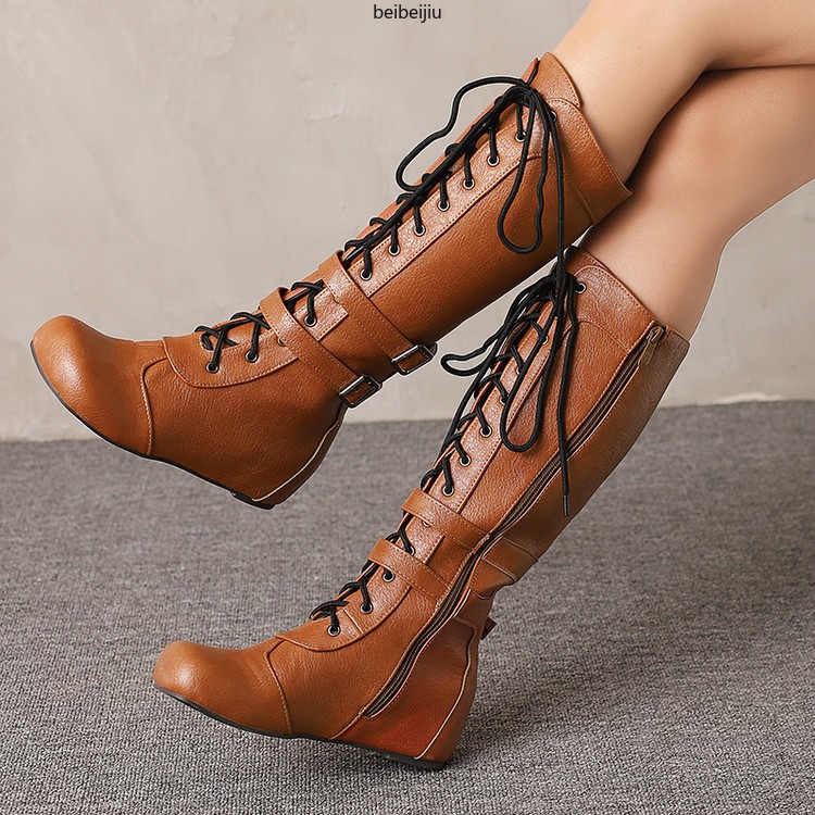 Women’s Mid Calf Hidden Wedge Heel Boots Lace Up Buckle Casual Shoes 48/49/50