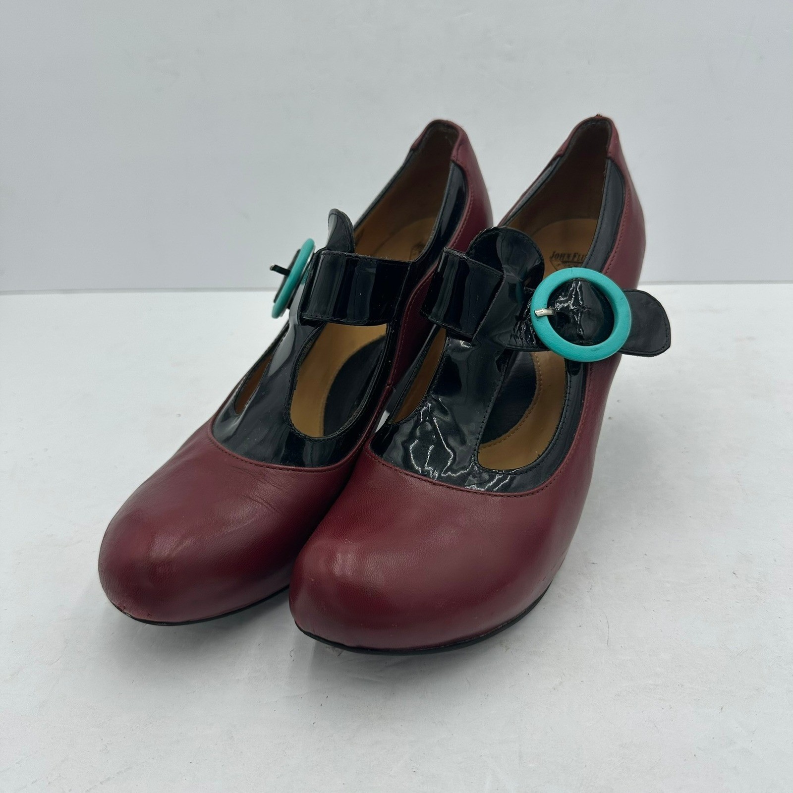 John Fluevog Burgundy Black Patent Leather Mary Jane T-Strap Heels Size 9.5