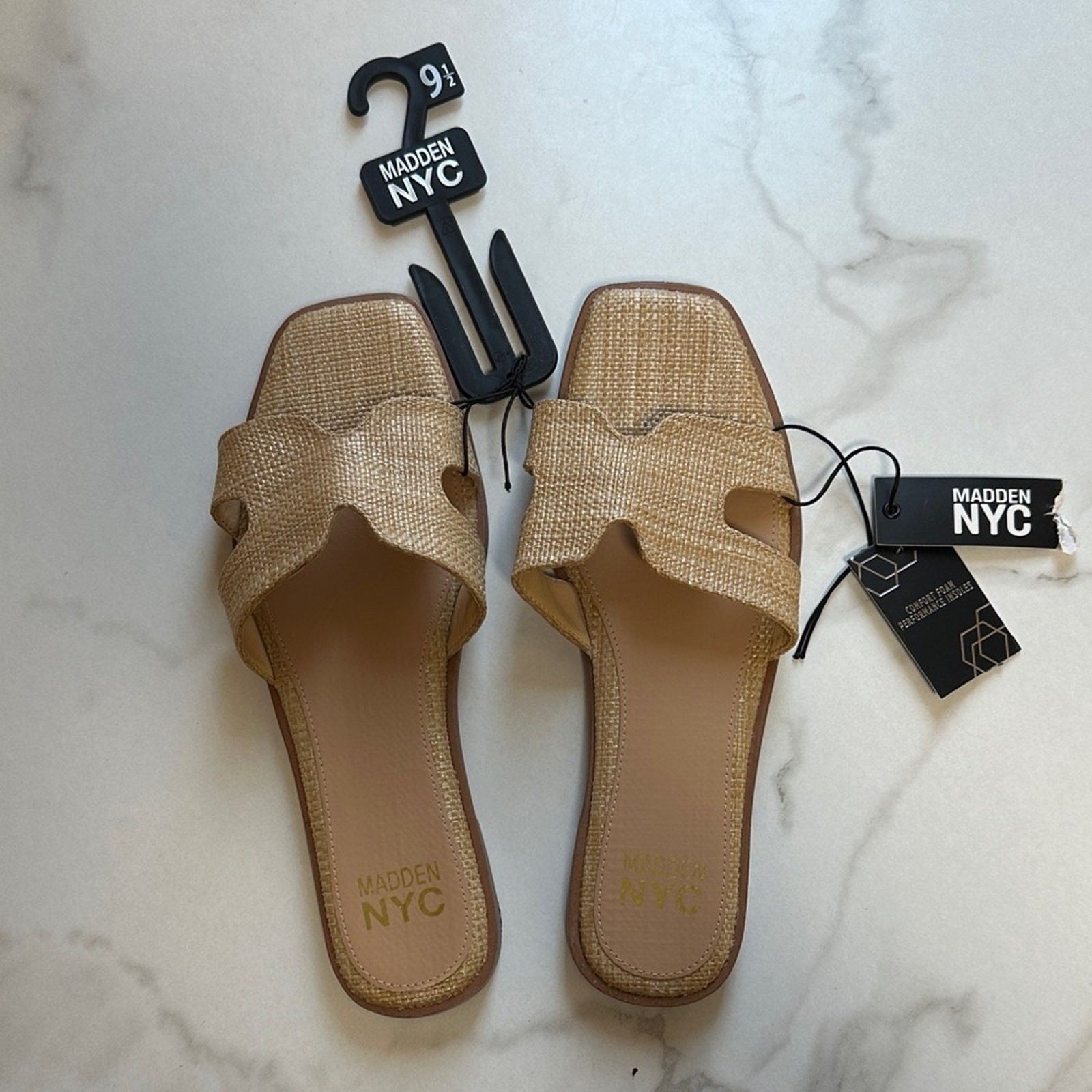 NWT Madden NYC Woven Scalloped Slide Sandals – Natural Tan size 9 1/2