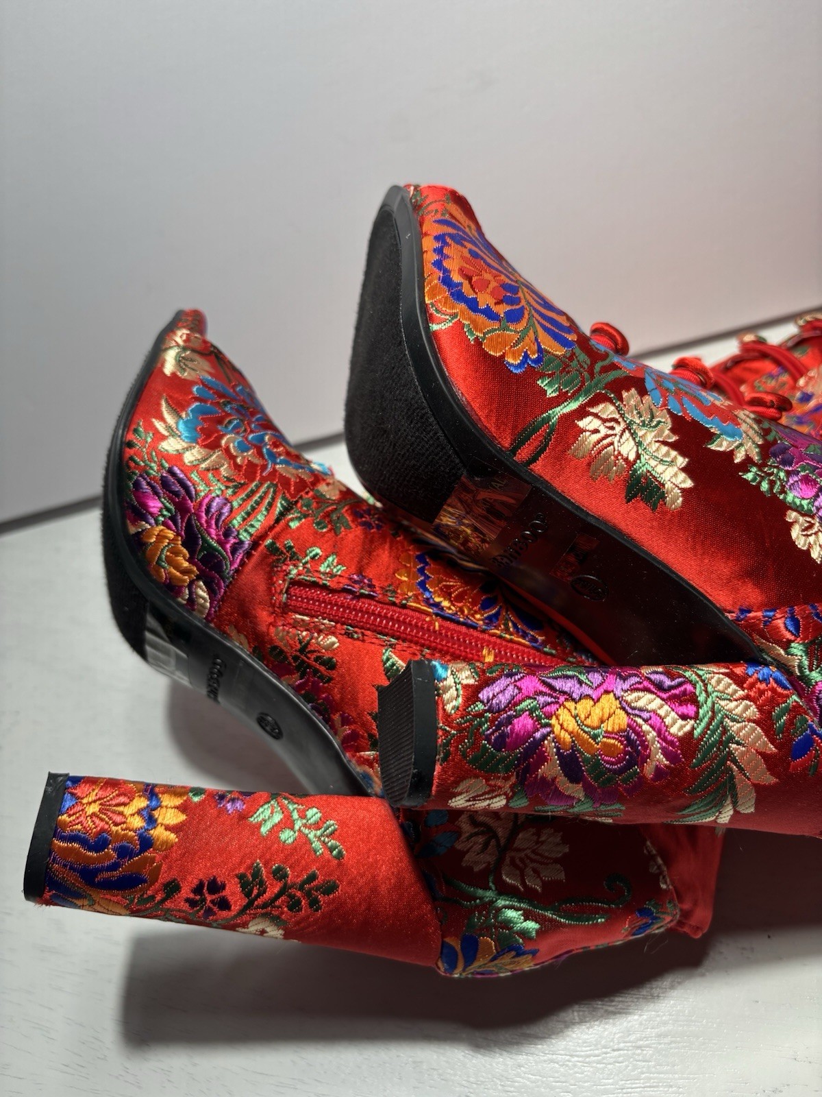 BAMBOO RED FLORAL EMBROIDER ASIAN OVER THE KNEE THIGH HEEL PEEP TOE BOOTS SZ 5.5
