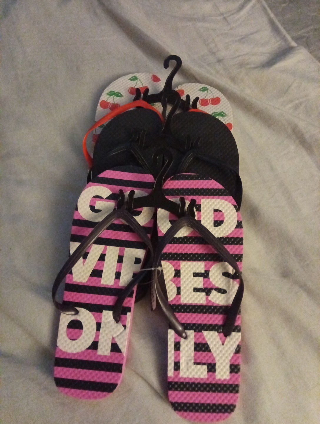 Juncture Flip Flops. Size7/8 In Black, Good Vibes Only, And Cherries 🍒