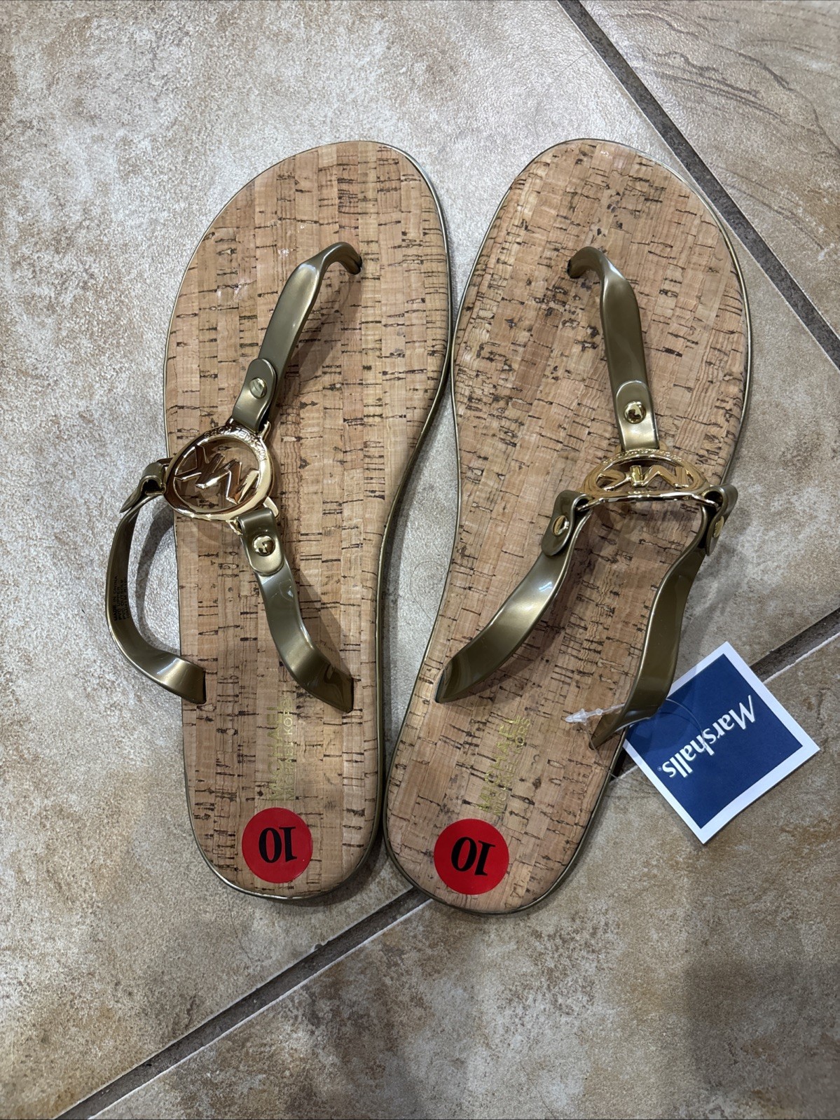 MICHAEL KORS Flip Flop Size 10M Black Cork Sandals Gold MK Logo Charm Jelly Sun