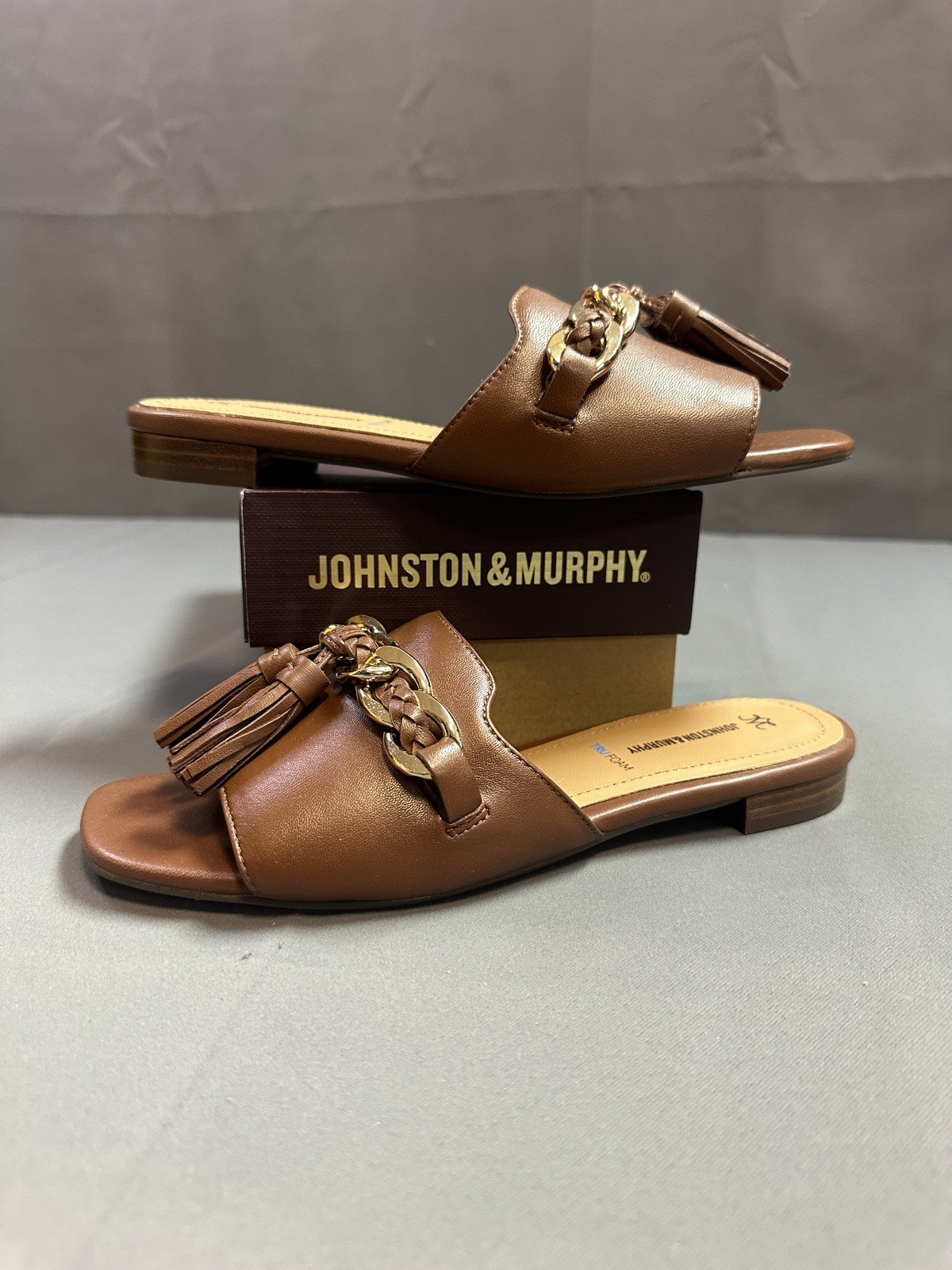 New Johnston & Murphy LILLY Chain Slide Sandals In Cognac Glove – Women’s 6.5M