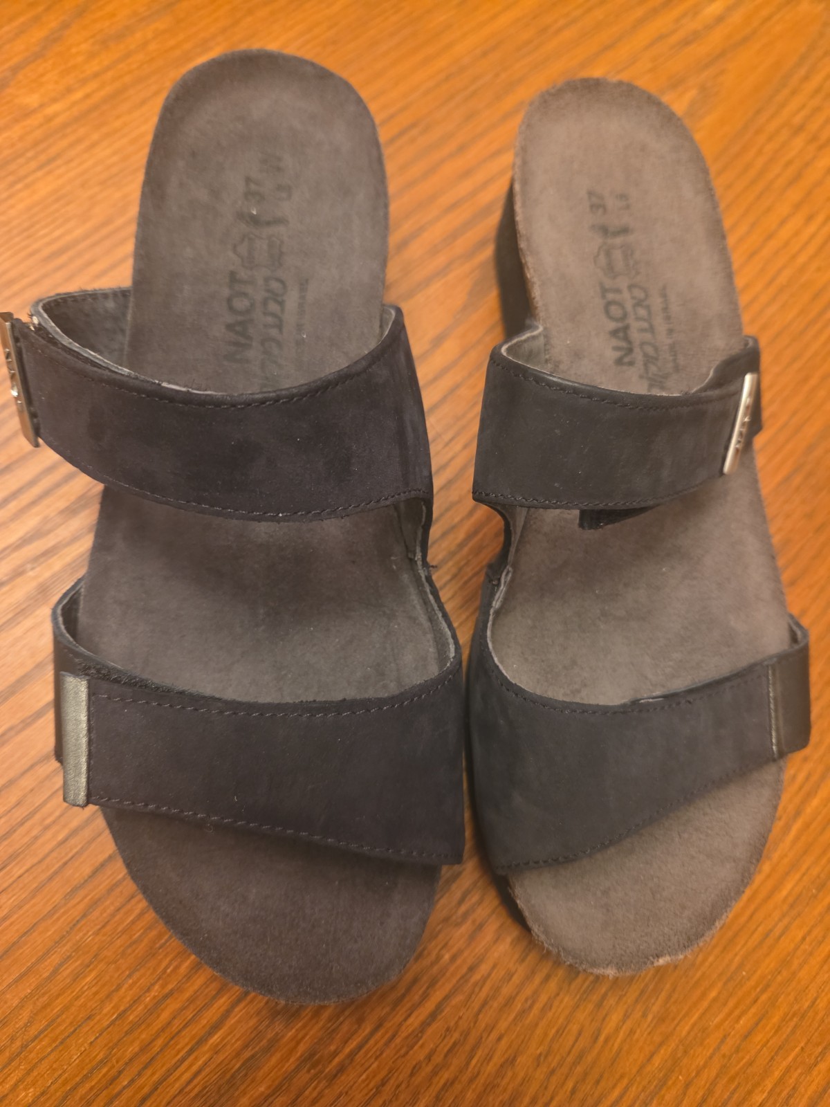Naot Black Suede Jacey Adjustable Double Strap Wedge Sandals EU 37 US 6-6.5