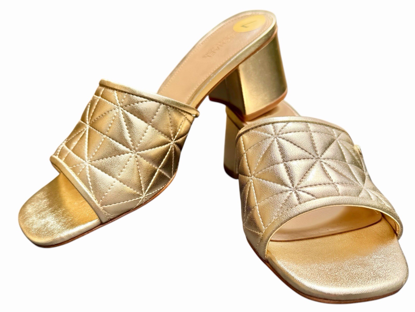 Michael Kors Gold Quilted Slide Sandals Block Heel Women’s Size 7M NWOB