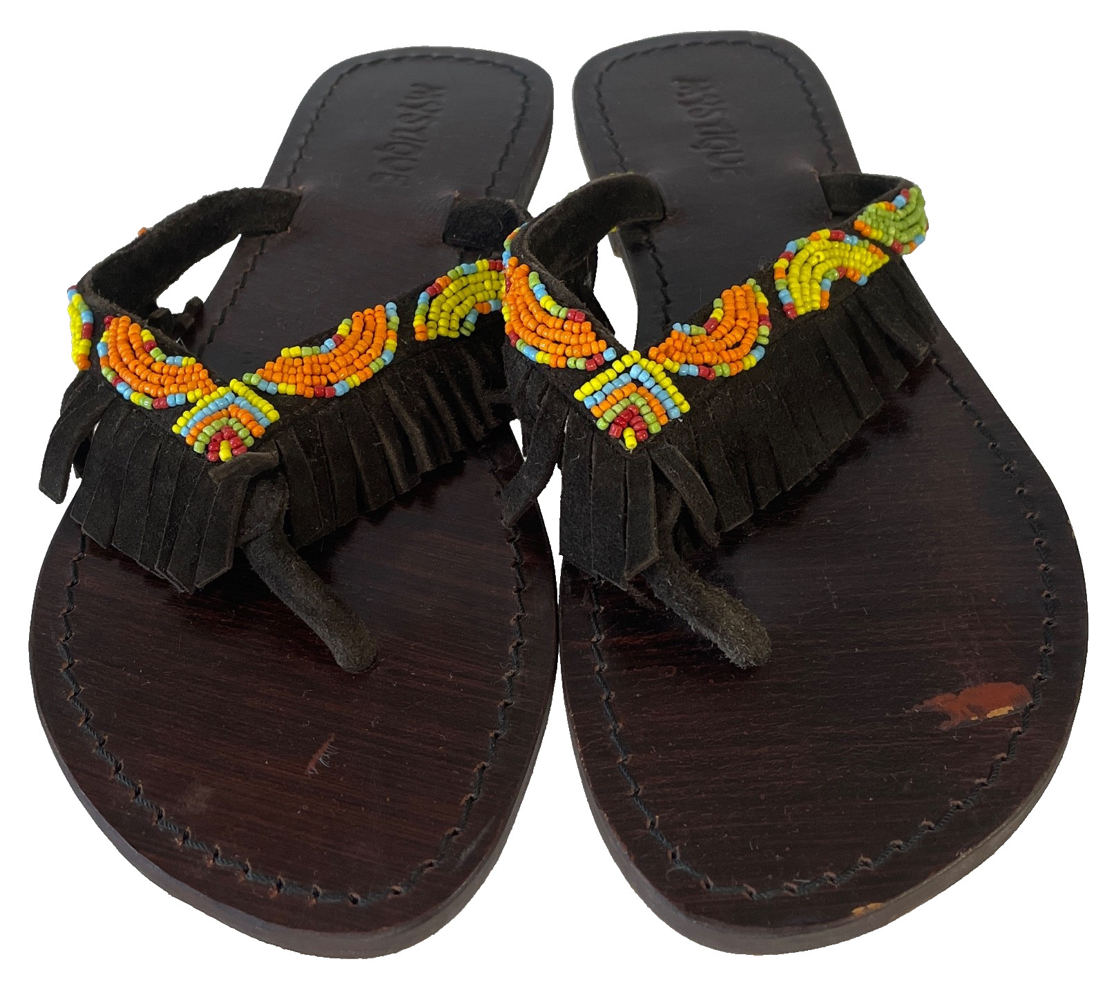 MYSTIQUE Handmade Beaded Suede Leather Fringe Thong Sandal 9 fits 8 Brown $240