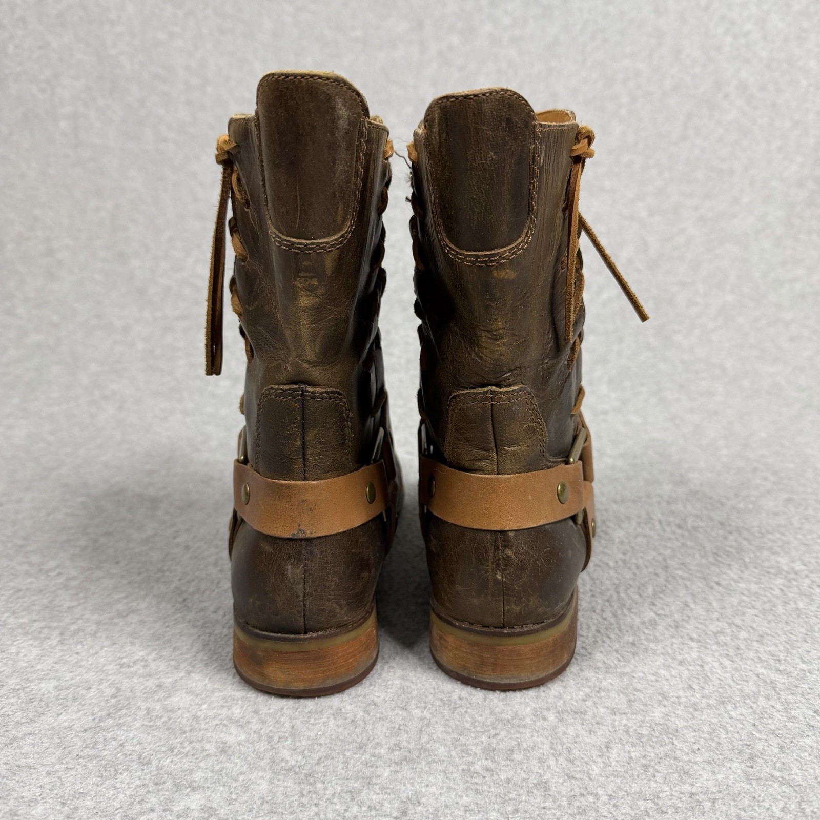 Latigo Thistle Boots Brown Leather Lace Up Side Harness Buckle Sz 6.5 M Two Tone