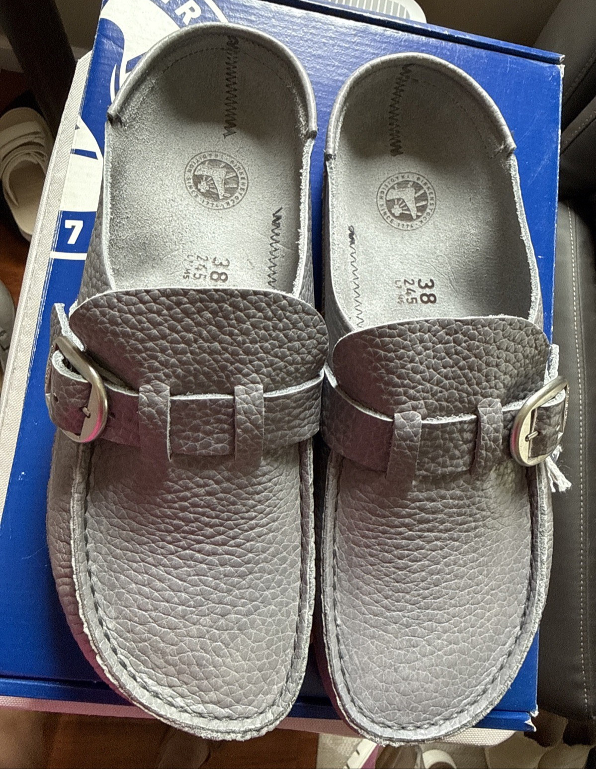 NWOB Birkenstock Buckley Grey Natural Leather Clogs EU 38 N US 7-8