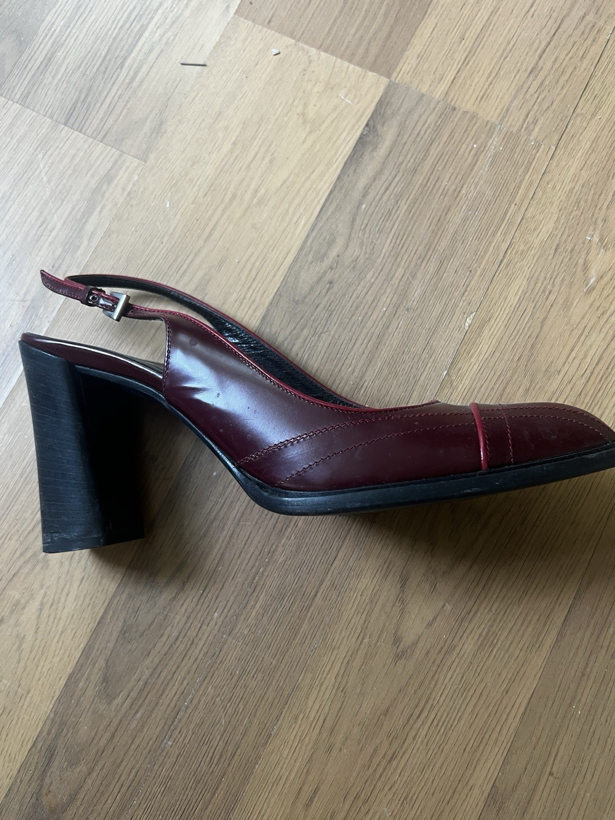 PRADA Burgundy Leather Round Toe Slingback Buckle Block Heel Pumps EU 39.5