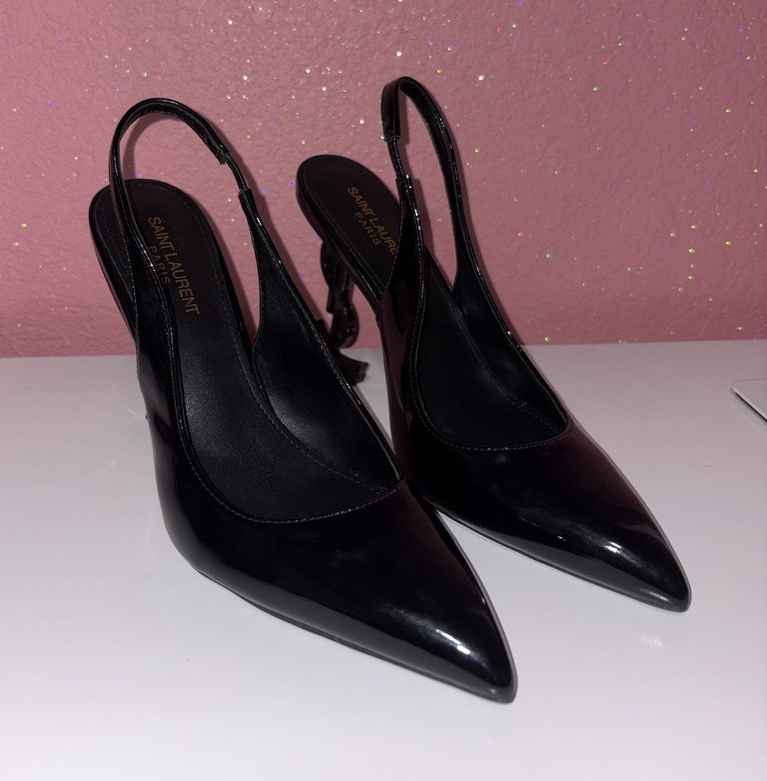Saint Laurent Black Patent Leather Slingback Pointed Toe Heel EU 39 US 8.5