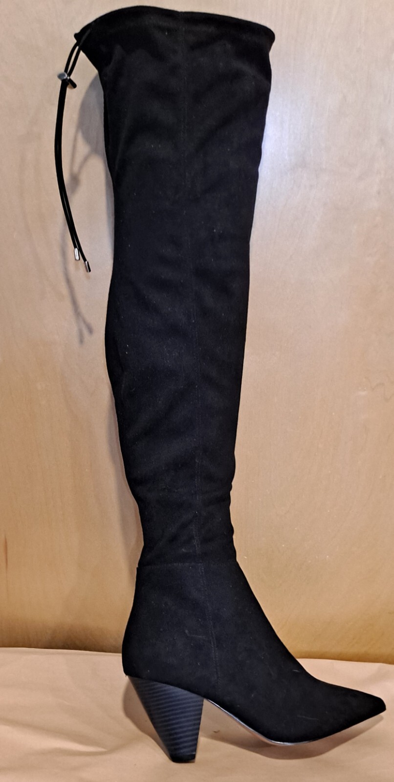 NWOT ASOS Black Faux Suede Above Knee Cone Heel Skinny Zip Up Boots Size 8.5