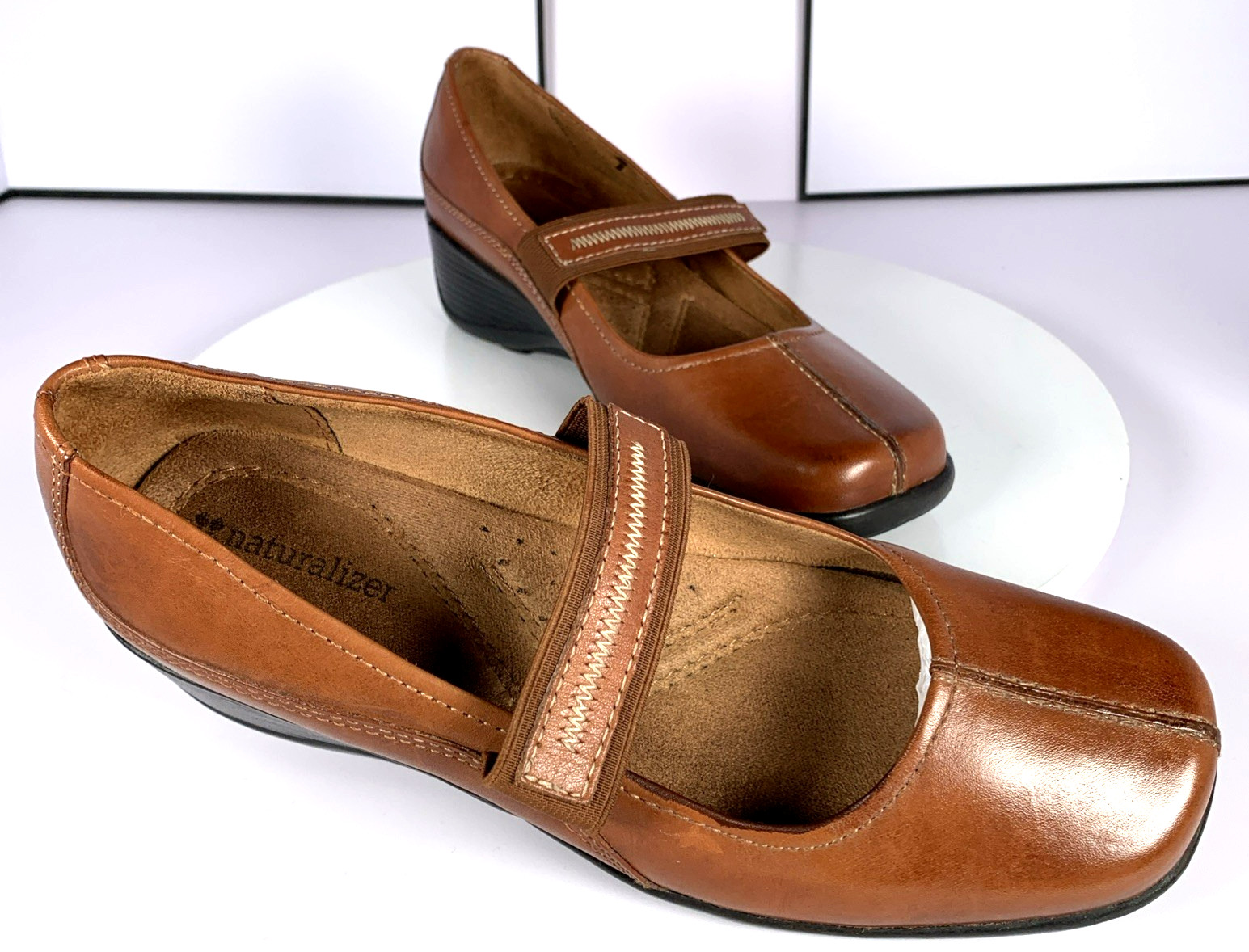 Naturalizer Women Alliance Mary Jane Tan Wedge Stitched Leather Career Shoes, 7M