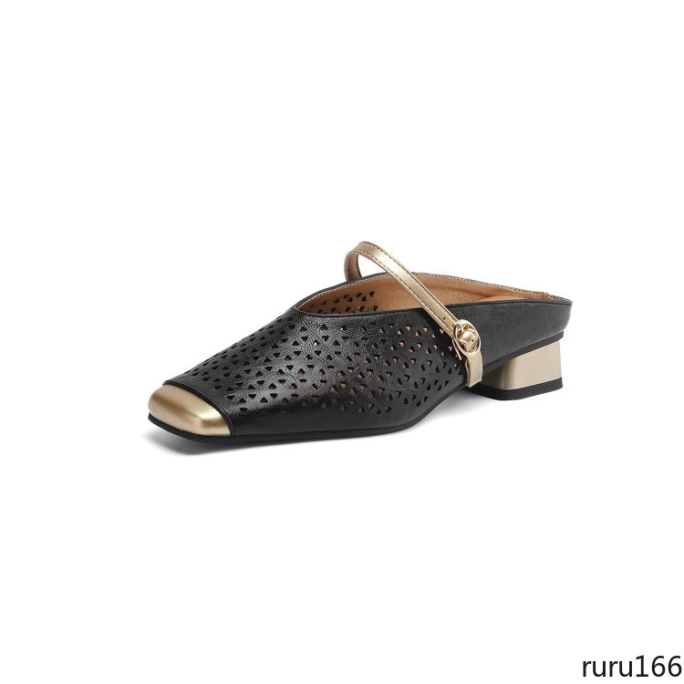 Womens Vintage Mary Jane Mules Square Toe buckle strap Cut Out Flats Daily Shoes