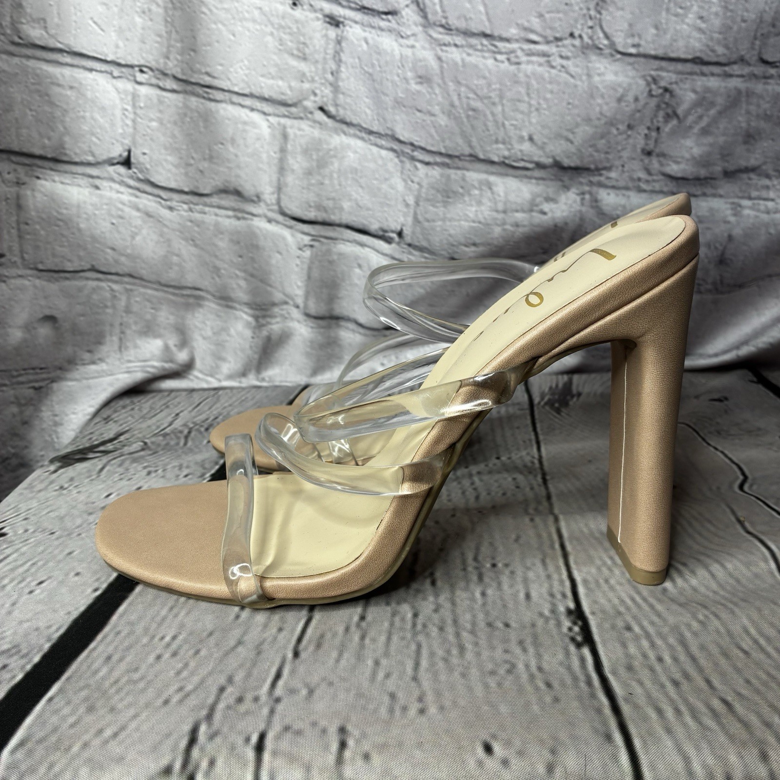 Minimalist Retro Y2K Nude Clear Strappy Chunky Stiletto Block Heels Sandals 7.5