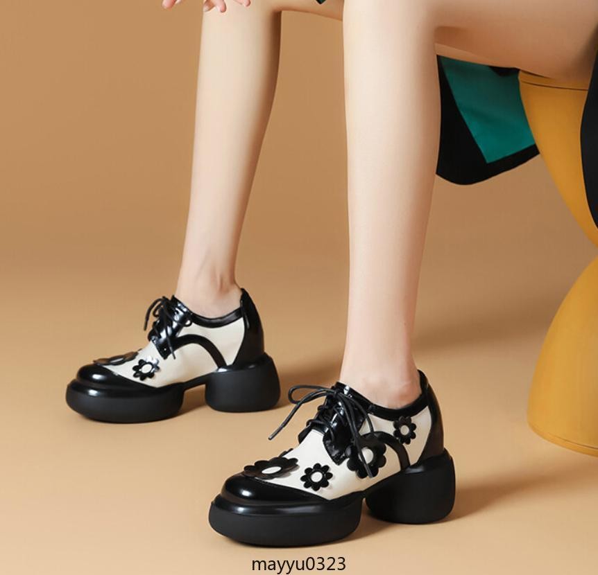 Womens Floral Lace Up Leather Mid Chunky Heel Round Toe Platform Casual Shoes