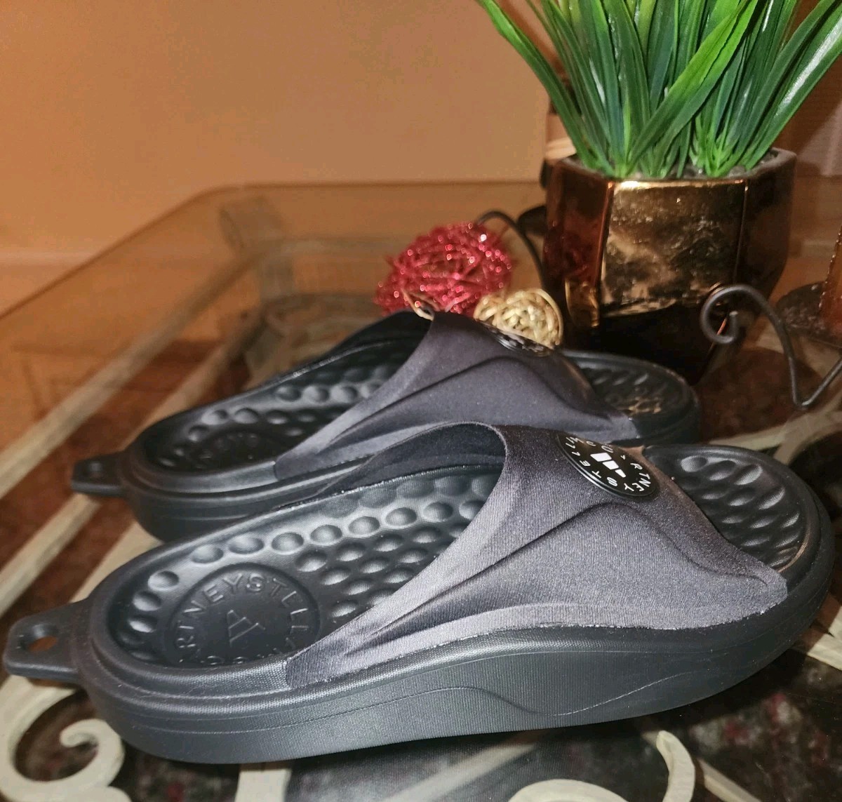 Adidas X Stella McCartney Slides Black SM Trifoil Logo JS0265 Women 8/ 8.5 NWT!