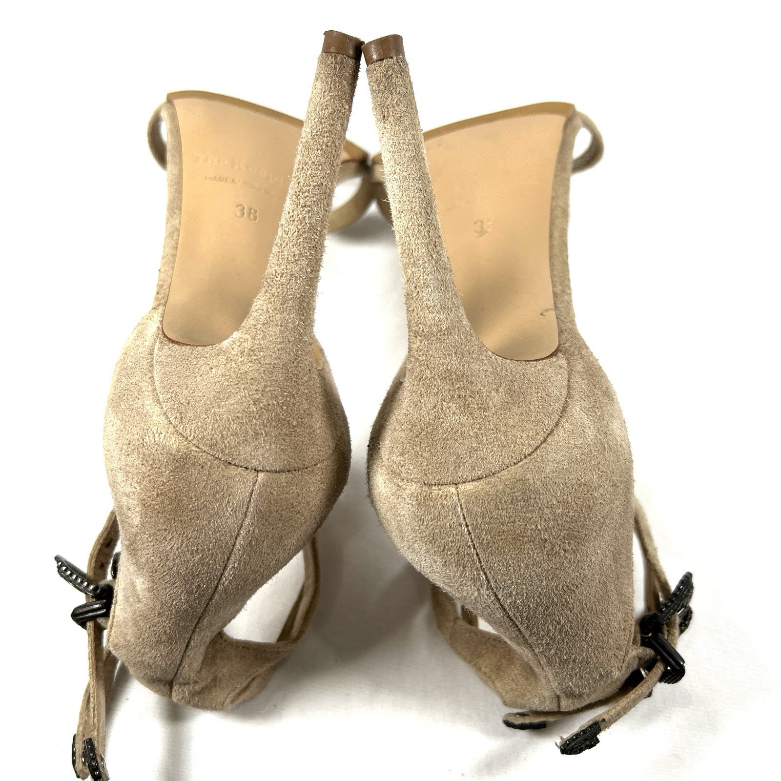 The Kooples Suede Western Ankle Strap Heels Buckle Sandals Nude Stiletto Sz.7.5