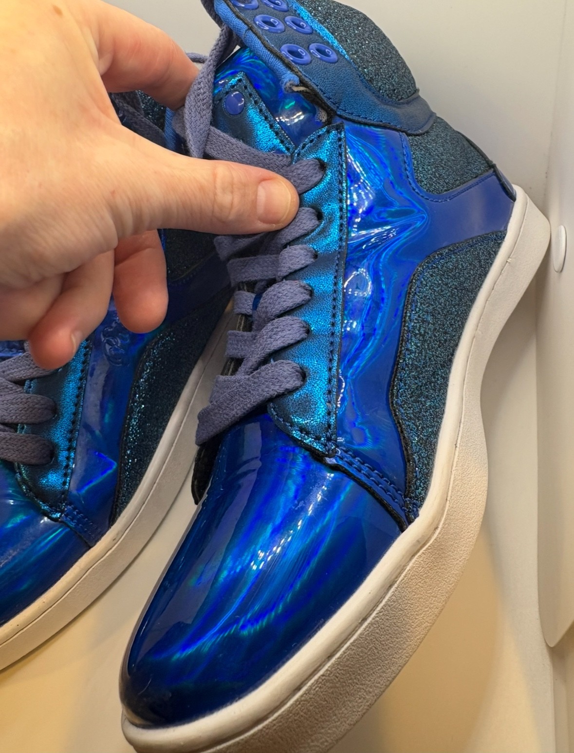 Pastry shoes womens size 5, blue high tops, shiny, Glam Pop Tart Glitter Dance