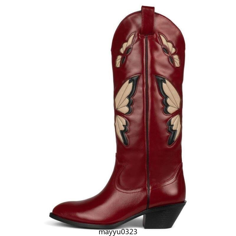 Women’s Mid Calf Boots Low Block Heel Butterfly Pull On Casual Cowgirl Shoes New
