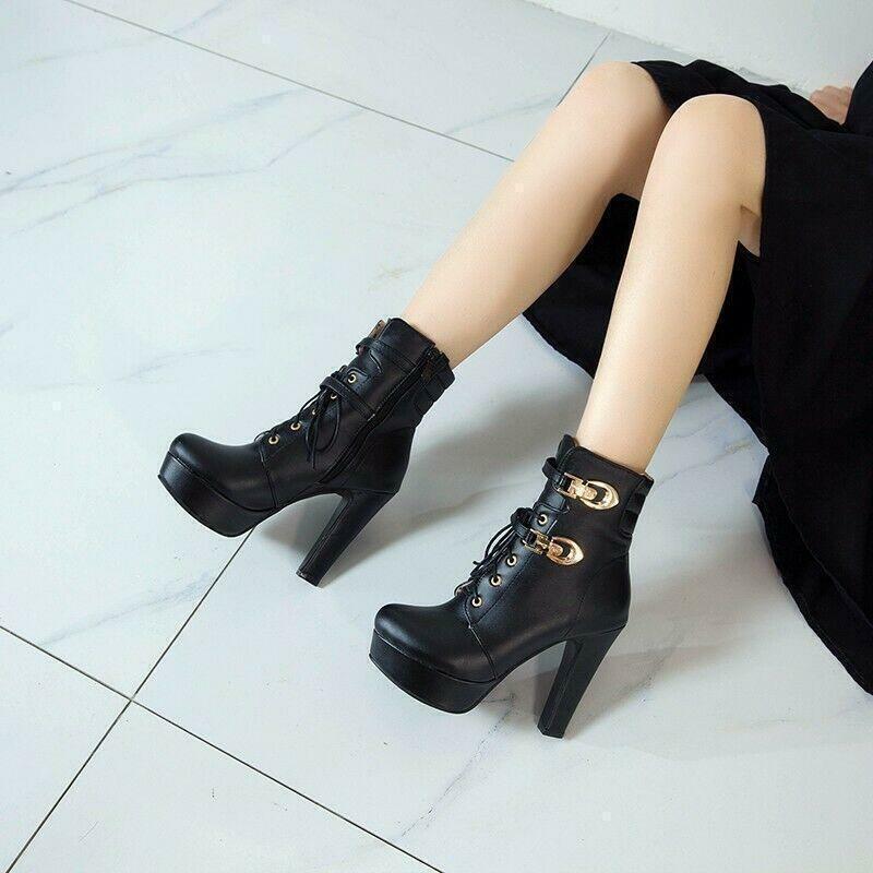 Womens Faux Leather Lace Up Zip Ankle Boots High Heel Formal Casual Knight Shoes