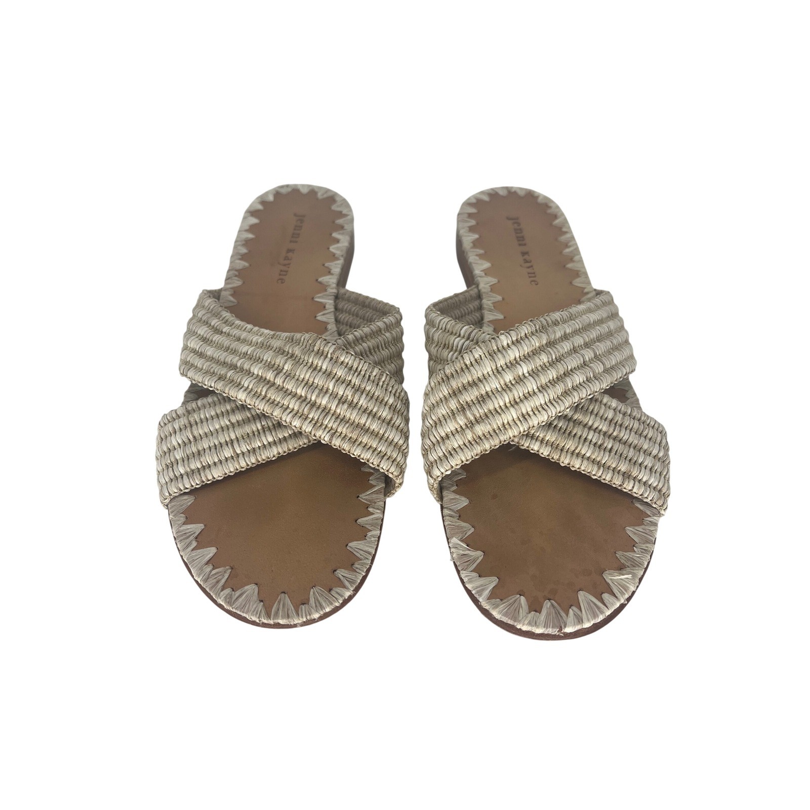 Jenni Kayne Raffia Crossover Sandals Tan Cream Woven Flat Slides Size 38