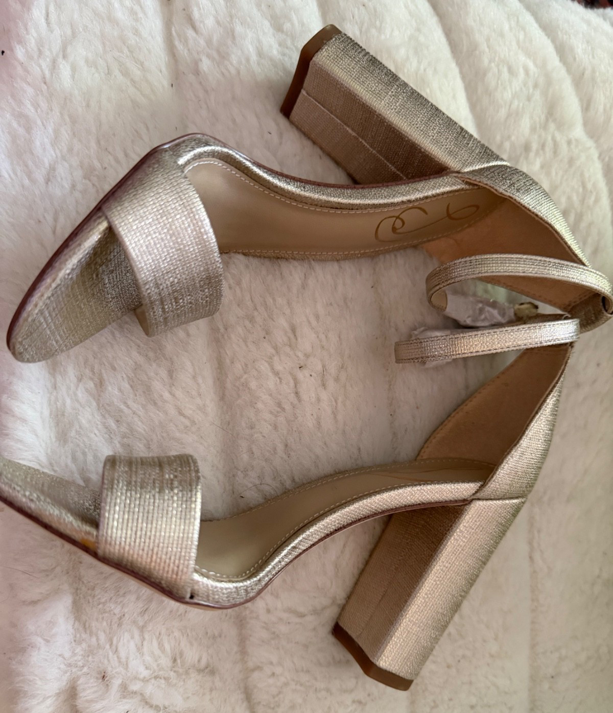 SAM EDELMAN SIZE 6 Gold Metallic Open Toe Block Covered Heel Ankle Strap NWB