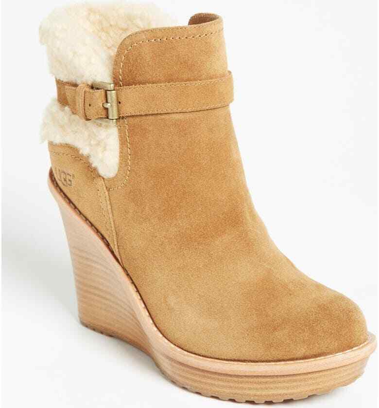 UGG Australia Brown Chestnut Suede Shearling Fur Anais Wedge Bootie US 6.5 M