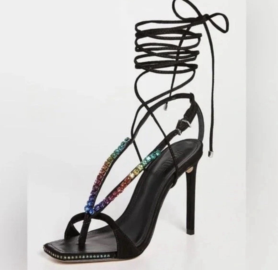 Schutz Vikki Crystal Strappy Heels Sandals Black Suede Rainbow Sz 8.5
