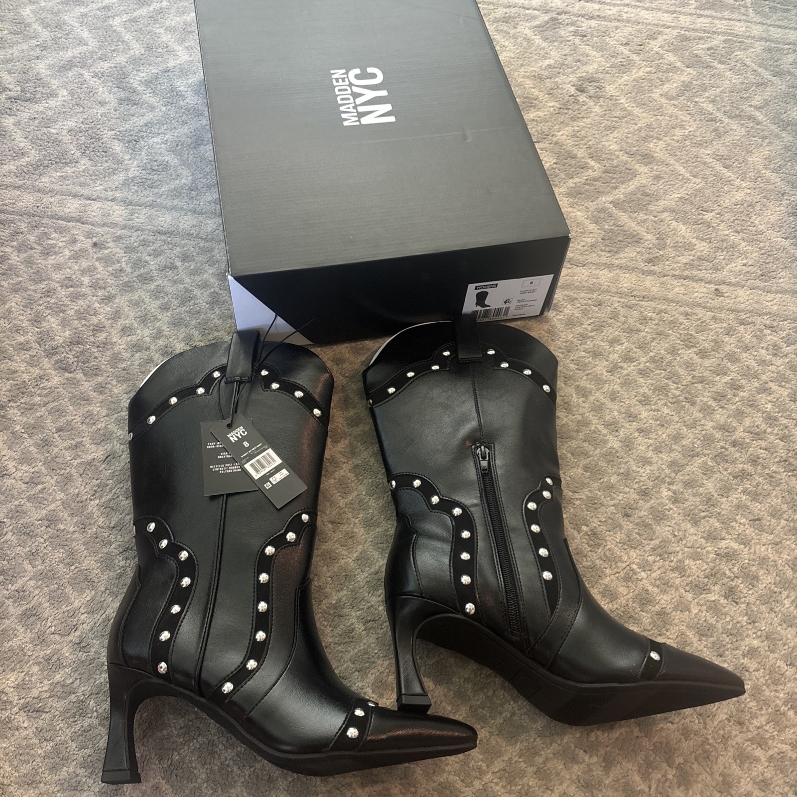 Steve Madden NYC Black Studded Western Style Heel Boot Woman’s Size 8 NIB