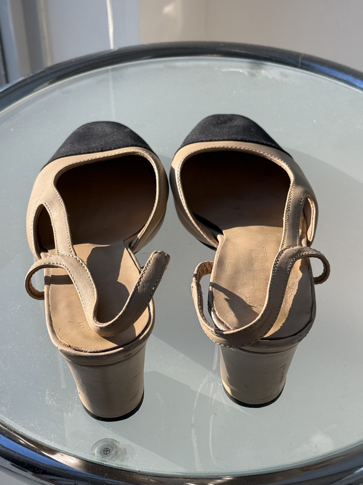 Chanel Leather Slingback Shoes Flats Heels Size EU37 Beige/Black