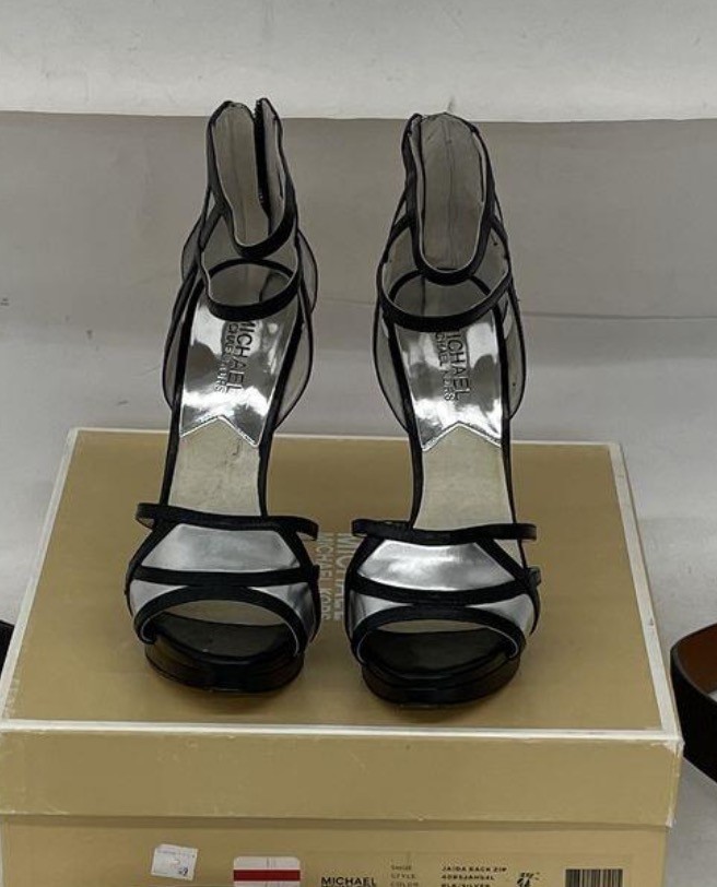 MICHAEL Michael Kors Jaida Back Zip Heeled Sandals Black Silver Strappy Stiletto