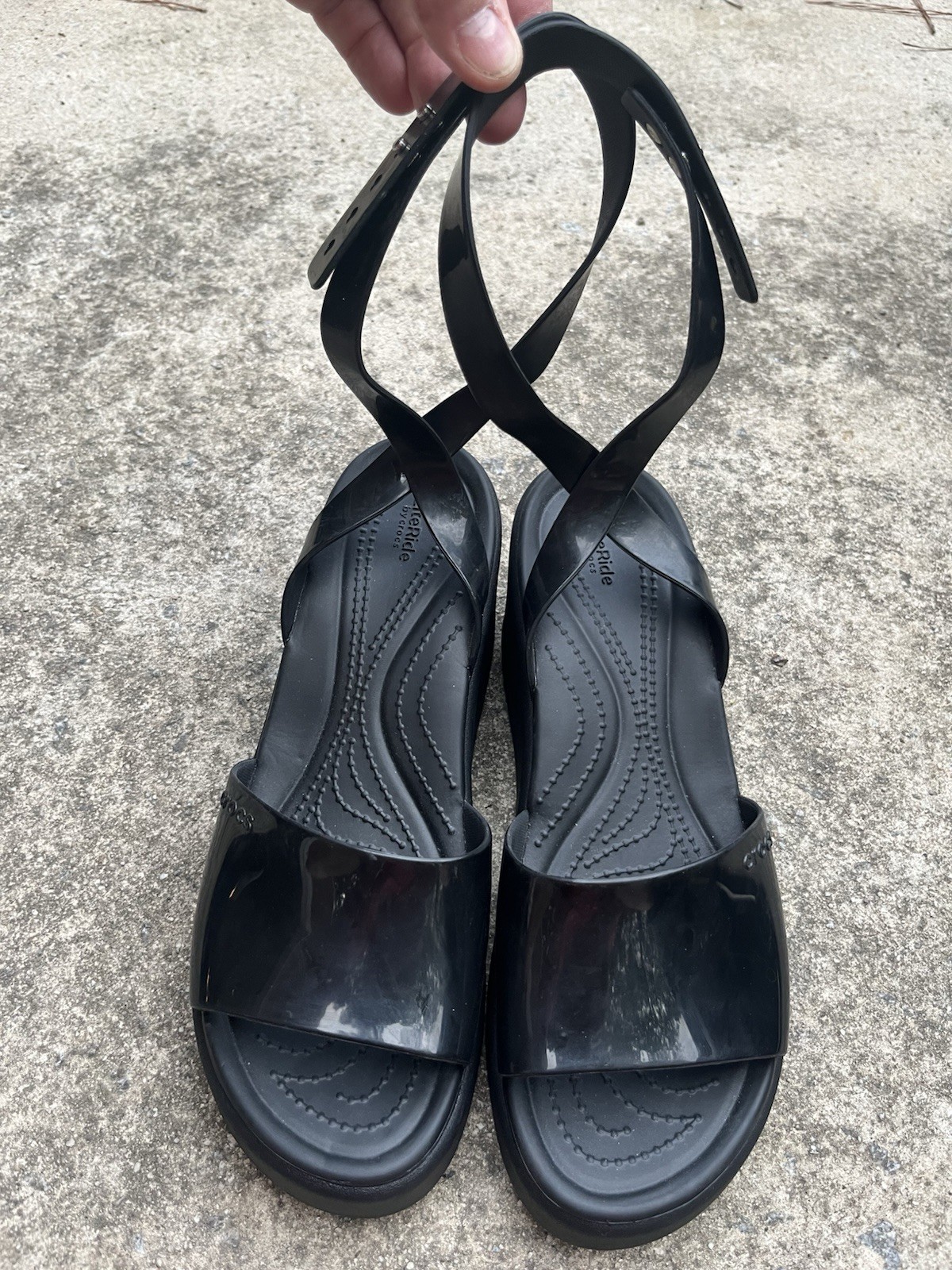 Crocs LiteRide Brooklyn Ankle Strap High Shine Black Platform Wedge sandals sz 9