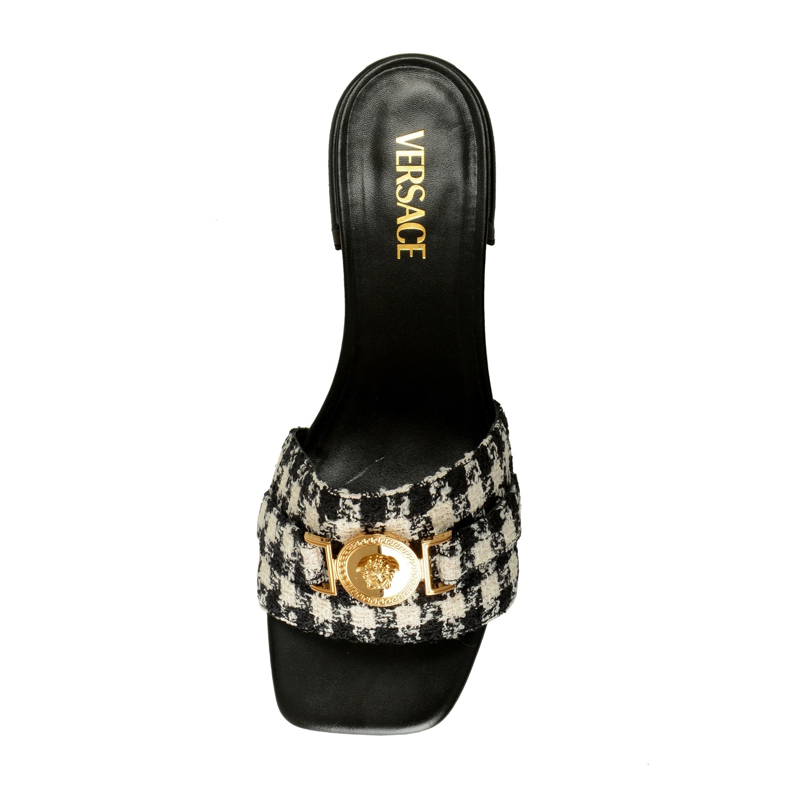 Versace Women’s Check Gold Medusa Heeled Sandals Mules Shoes US 6 IT 36