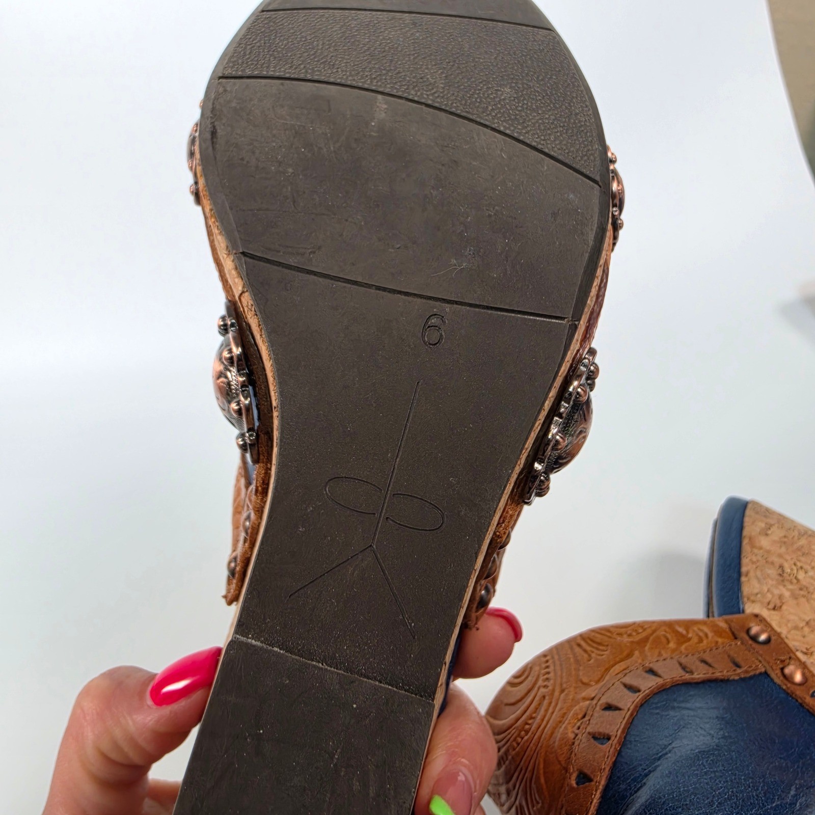 Y2K Saddle Up Wedge Mule Sandals Women’s 6 Blue Cork Western Concho