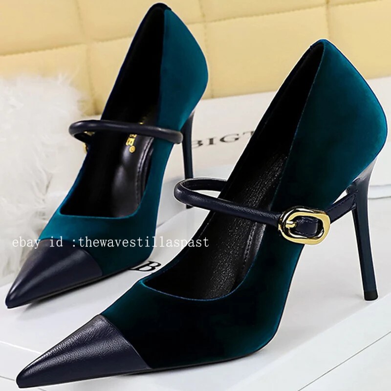 Women Pointed Toe High Heels Thin Heel Metal Buckle Stilettos Party Shoes Pumps