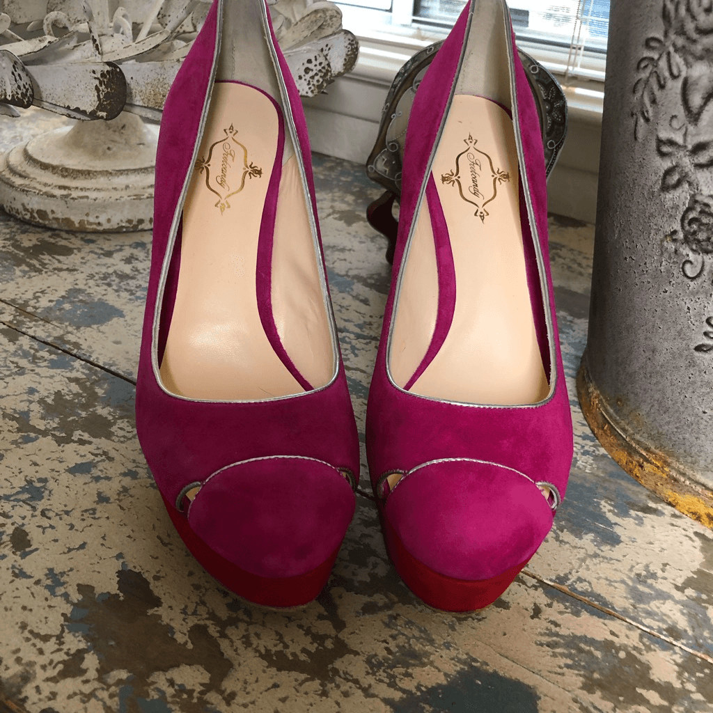 NEW Footcandy Crissy Fuchsia, Red and Blue Kid Suede Platform Heels NIB
